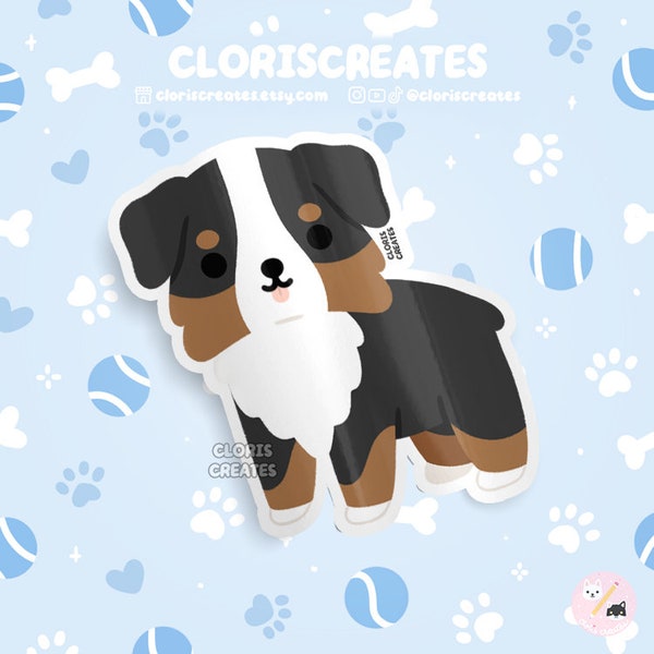 Black Tri Australian Shepherd Aussie Dog Breed Waterproof Vinyl Sticker | Kawaii Chibi Animal Art Decal | Cute Cartoon Puppy Pet Loss Gift