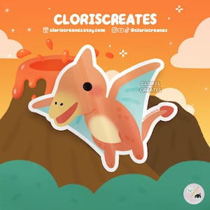 Pterodactyl Flying Dinosaur Waterproof Vinyl Sticker | Kawaii Chibi Prehistoric Animal Lover Art Laptop Decal | Cute Cartoon Wildlife Gift