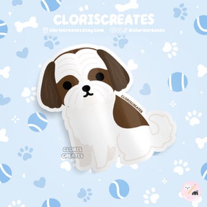 Liver & White Shih Tzu Dog Breed Waterproof Vinyl Sticker | Kawaii Chibi Animal Art Laptop Decal | Cute Cartoon Puppy Portrait Pet Loss Gift
