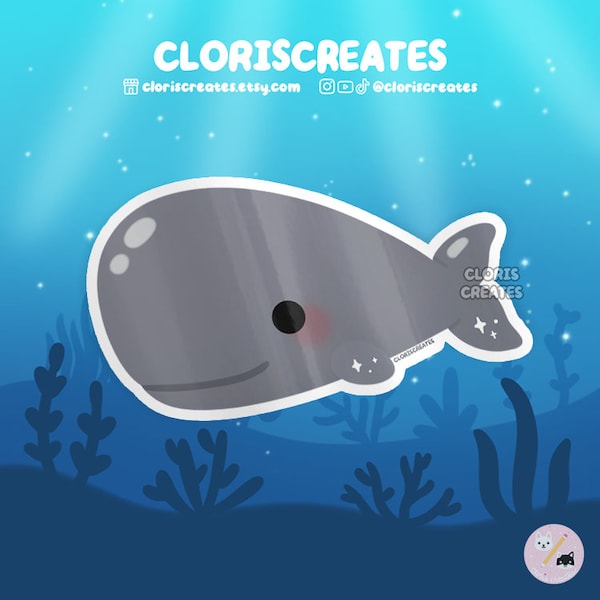 Gray Sperm Whale Waterproof Vinyl Sticker | Kawaii Chibi Art Marine Animal Lover Decal | Cute Cartoon Aquarium Souvenir Sea Creature Gift