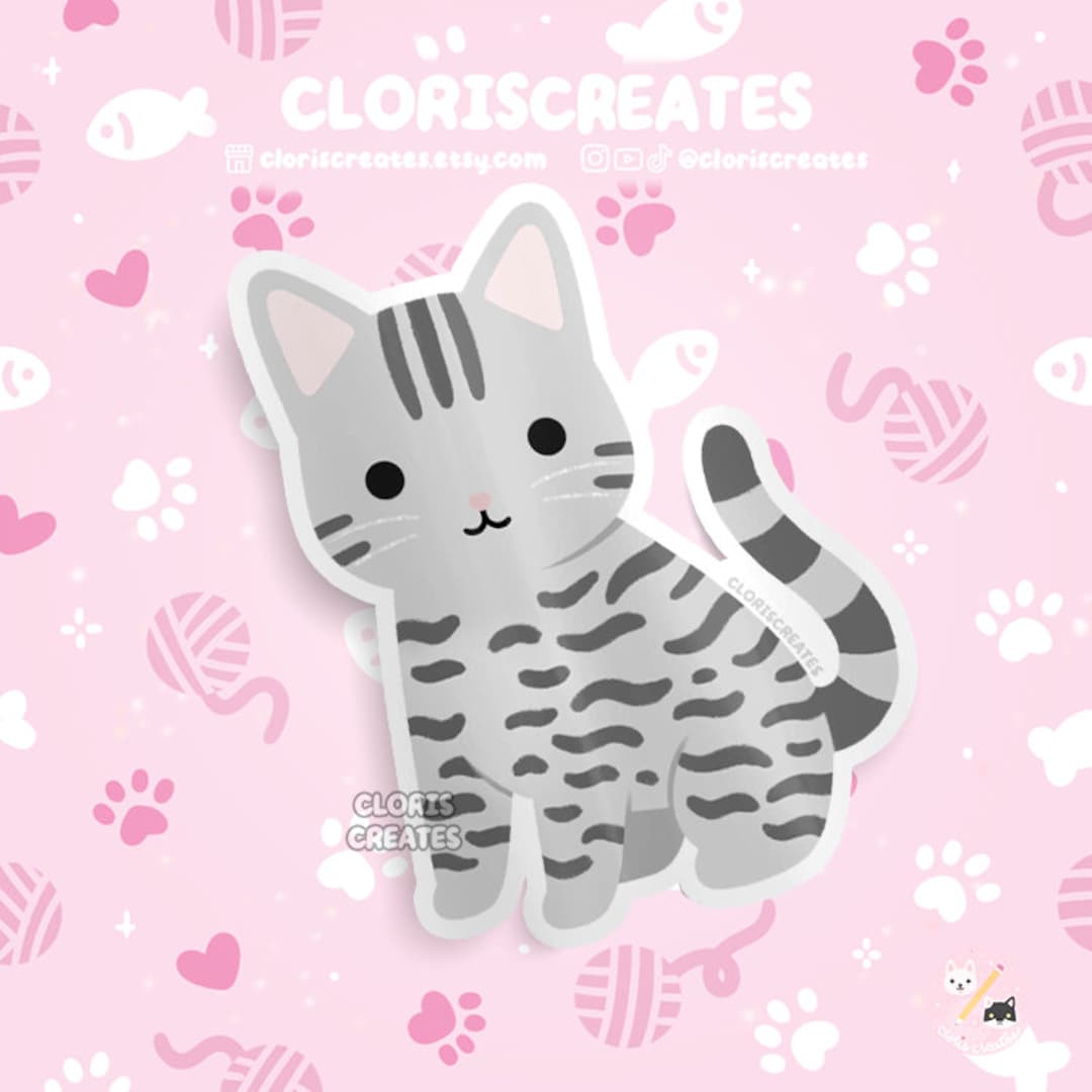 Silver Gray Tabby Cat Waterproof Vinyl Sticker | Kawaii Chibi Animal ...