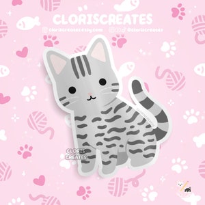 Gray Tabby Cat Waterproof Vinyl Sticker | Kawaii Chibi Animal Laptop Water Decal | Cute Cartoon Pet Breed Kitten Loss Memorial Gift