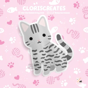 Silver Gray Tabby Cat Waterproof Vinyl Sticker | Kawaii Chibi Animal Laptop Water Decal | Cute Cartoon Pet Breed Kitten Loss Memorial Gift