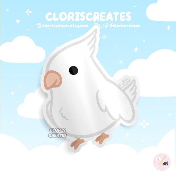 Albino White Cockatiel Bird Breed Waterproof Vinyl Sticker | Kawaii Chibi Parrot Animal Art Lover Laptop Decal | Cute Cartoon Pet Loss Gift