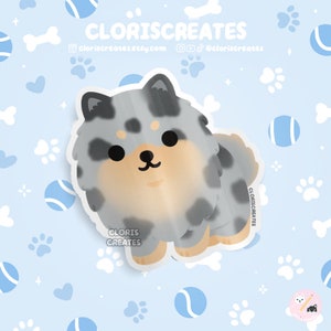 Blue Merle Tan Pomeranian Dog Breed Waterproof Vinyl Sticker | Kawaii Chibi Animal Laptop Decal | Cute Cartoon Puppy Pet Loss Memorial Gift