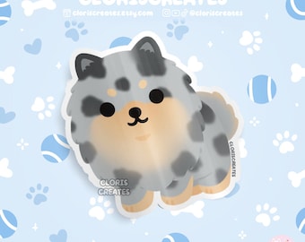Blue Merle Tan Pomeranian Dog Breed Waterproof Vinyl Sticker | Kawaii Chibi Animal Laptop Decal | Cute Cartoon Puppy Pet Loss Memorial Gift