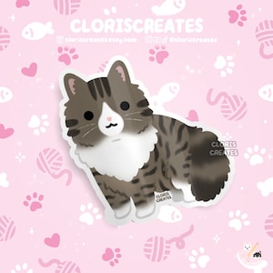 Longhaired Tabby Ragamuffin Cat Waterproof Vinyl Sticker | Kawaii Chibi Animal Laptop Decal | Cute Cartoon Pet Kitten Loss Memorial Gift