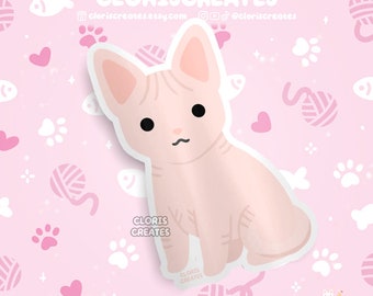 Puede incluir: Una pegatina de gato rosa sin pelo con una expresión linda. La pegatina está sobre un fondo rosa con huellas de patas blancas, corazones y ovillos de lana.