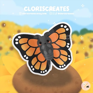 Orange Monarch Butterfly Waterproof Die Cut Sticker | Kawaii Chibi Insect Art Laptop Bottle Decal | Cute Cartoon Bug Lover Entomologist Gift