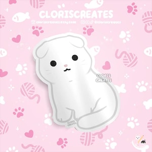 White Scottish Fold Cat Waterproof Vinyl Sticker | Kawaii Chibi Animal Laptop Decal | Cute Cartoon Pet Breed Kitten Loss Memorial Gift