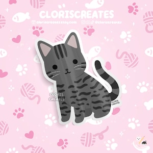 Smoke Gray Tabby Cat Waterproof Vinyl Sticker | Kawaii Animal Laptop Water Decal | Cute Cartoon Pet Breed Brown Kitten Loss Memorial Gift