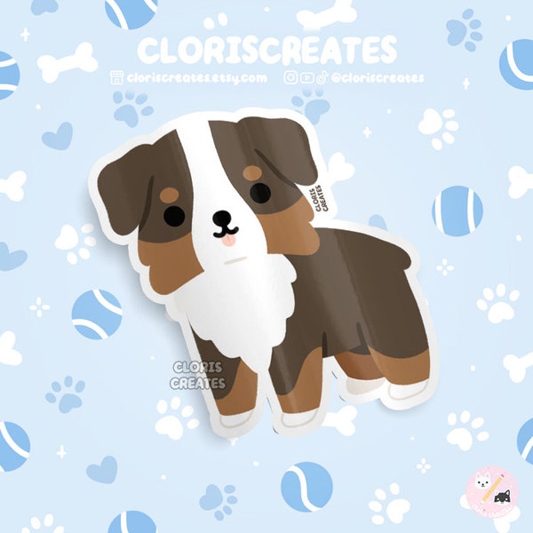 Red Tri Australian Shepherd Aussie Dog Breed Waterproof Vinyl Sticker | Kawaii Chibi Animal Art Decal | Cute Cartoon Puppy Pet Loss Gift