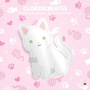 Shorthaired White Cat Green Eyes Waterproof Vinyl Sticker | Kawaii Chibi Animal Laptop Decal | Cute Cartoon Pet Breed Kitten Memorial Gift