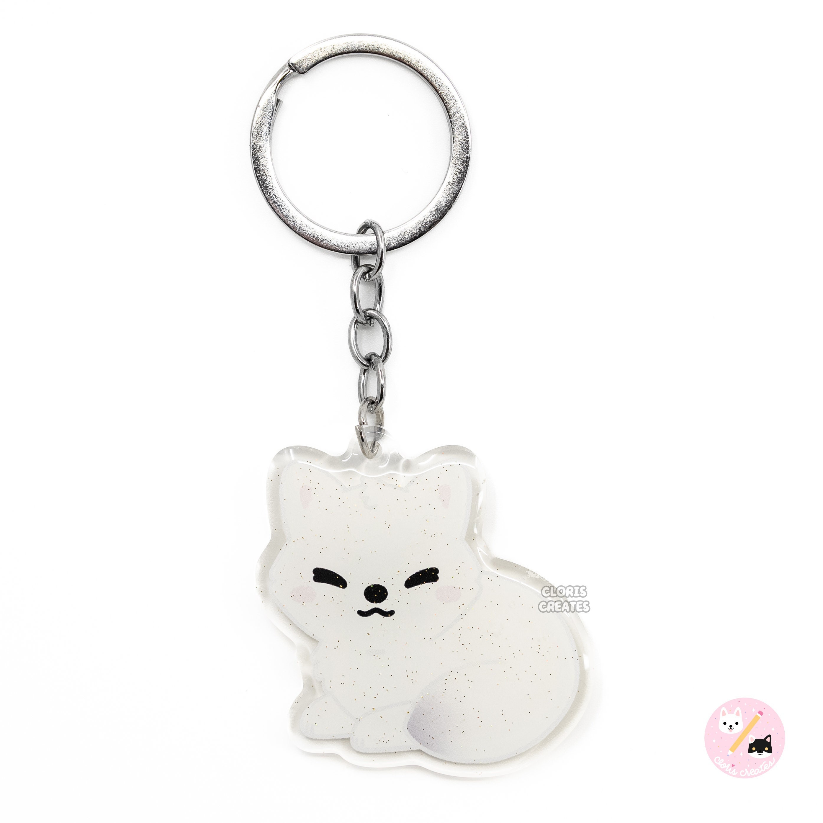 White Arctic Fox Acrylic Glitter Keychain | Kawaii Chibi Wild