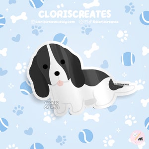 Black & White Basset Hound Dog Breed Waterproof Vinyl Sticker | Kawaii Chibi Animal Art Decal | Cute Cartoon Puppy Pet Loss Memorial Gift