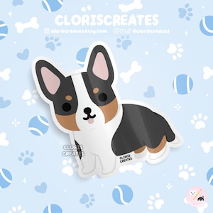 Black Tri Cardigan Corgi Dog Breed Waterproof Vinyl Sticker | Kawaii Chibi Animal Art Decal | Cute Cartoon Puppy Pet Loss Memorial Gift