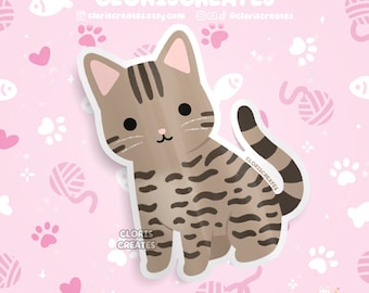 Brown Tabby Cat Waterproof Vinyl Sticker | Kawaii Chibi Animal Laptop Water Decal | Cute Cartoon Pet Breed Brown Kitten Loss Memorial Gift