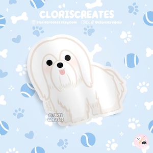 Longhaired Coton de Tulear Dog Breed Waterproof Vinyl Sticker | Kawaii Chibi Animal Decal | Cute Cartoon White Puppy Pet Loss Memorial Gift