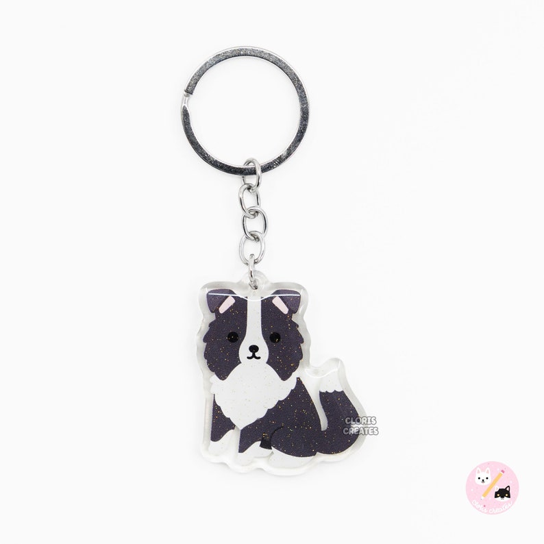 Black Border Collie Acrylic Dog Breed Keychain Cartoon Kawaii Art Puppy Glitter Charm Chibi Cute Animal Lover Pet Loss Memorial Gift image 1
