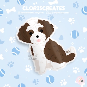 Red & White Doodle Poodle Mixed Dog Waterproof Vinyl Sticker | Kawaii Chibi Animal Laptop Decal | Cute Cartoon Rescue Puppy Pet Loss Gift