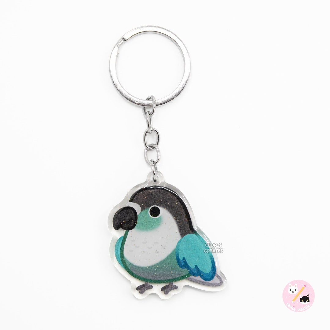 Turquoise Green Cheeked Conure Acrylic Bird Keychain Cartoon Kawaii Art Style Glitter Charm Cute