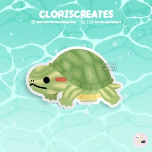 Red Eared Slider Turtle Waterproof Vinyl Sticker | Kawaii Chibi Animal Lover Art Water Bottle Decal | Cute Cartoon Exotic Pet Reptile Gift