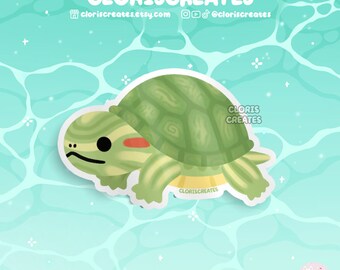Red Eared Slider Turtle Waterproof Vinyl Sticker | Kawaii Chibi Animal Lover Art Water Bottle Decal | Cute Cartoon Exotic Pet Reptile Gift
