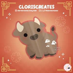 Year of the Ox Waterproof Vinyl Sticker | Kawaii Chibi Lunar New Year Animal Lover Art Laptop Decal | Cute Cartoon Lucky Cow Zodiac Gift