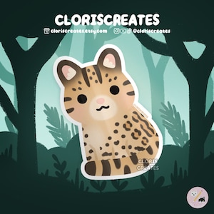 Ocelot Cat Waterproof Vinyl Sticker | Kawaii Chibi Big Wildcat Animal Lover Art Laptop Decal | Cute Cartoon Zoo Souvenir Wildlife Gift
