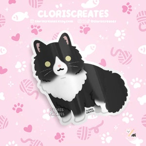 Longhaired Black Tuxedo Cat Die Cat Waterproof Vinyl Sticker | Kawaii Chibi Animal Laptop Decal | Cute Cartoon Pet Kitten Loss Memorial Gift
