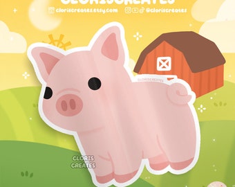 May include: A pink pig cartoon illustration with a white outline. The pig is standing on a green grassy field with a red barn in the background.