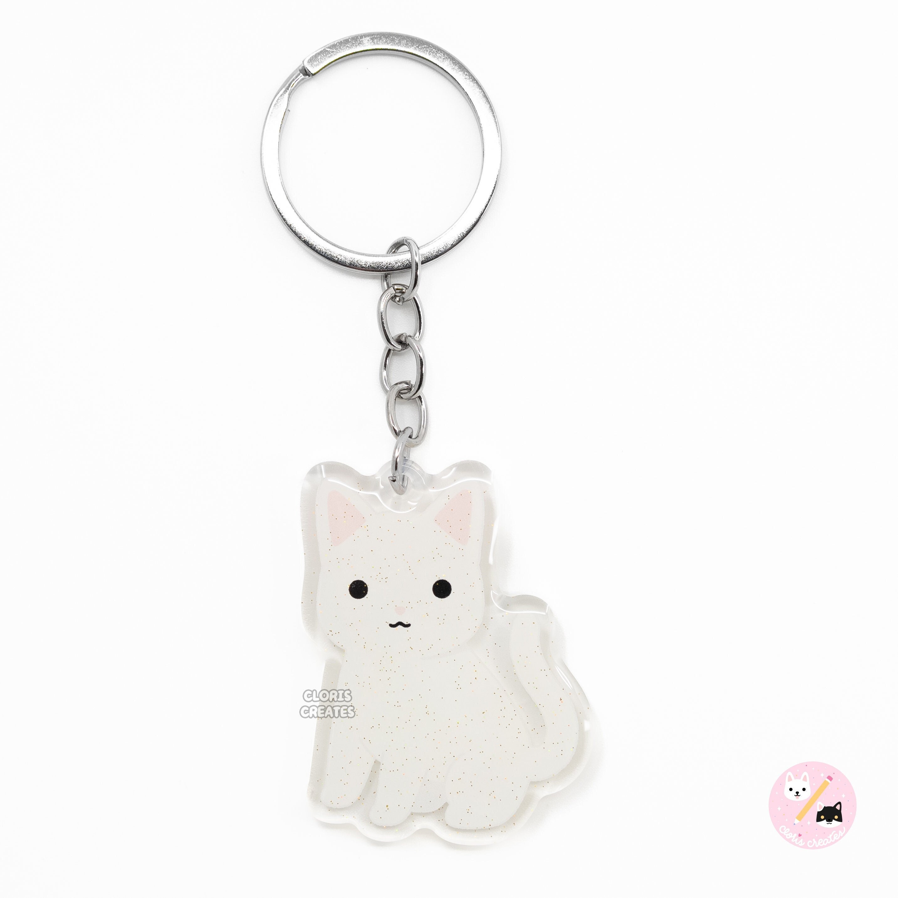 White Cat Acrylic Pet Breed Keychain | Cartoon Chibi Animal Art