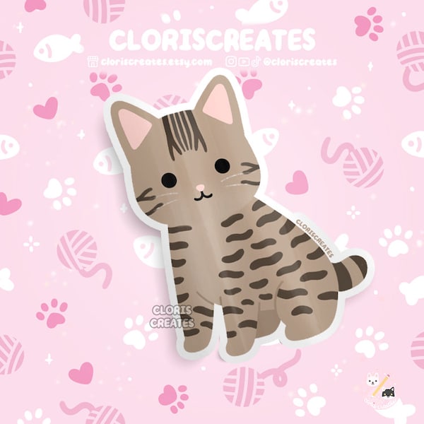 Brown Tabby American Bobtail Cat Waterproof Vinyl Sticker | Kawaii Chibi Animal Laptop Water Decal | Cute Cartoon Pet Breed Kitten Loss Gift