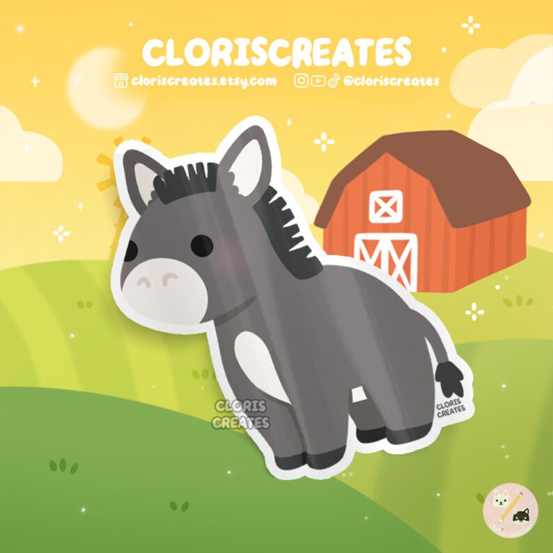 May include: A cartoon gray donkey with white markings stands in front of a red barn with a white X on the side. The donkey has a black mane and tail. The background is a yellow and green field.
