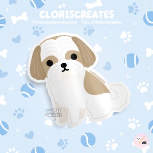 Gold & White Shih Tzu Dog Breed Waterproof Vinyl Sticker | Kawaii Chibi Animal Art Laptop Decal | Cute Cartoon Puppy Portrait Pet Loss Gift