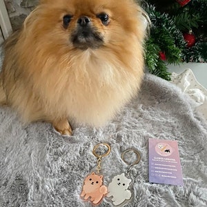 May include: Two small, colorful, acrylic keychain charms of Pomeranian dogs. The charms are attached to gold key rings. The charms are on a gray fuzzy surface. A business card with the text "CLORIS CREATES" is in the background.