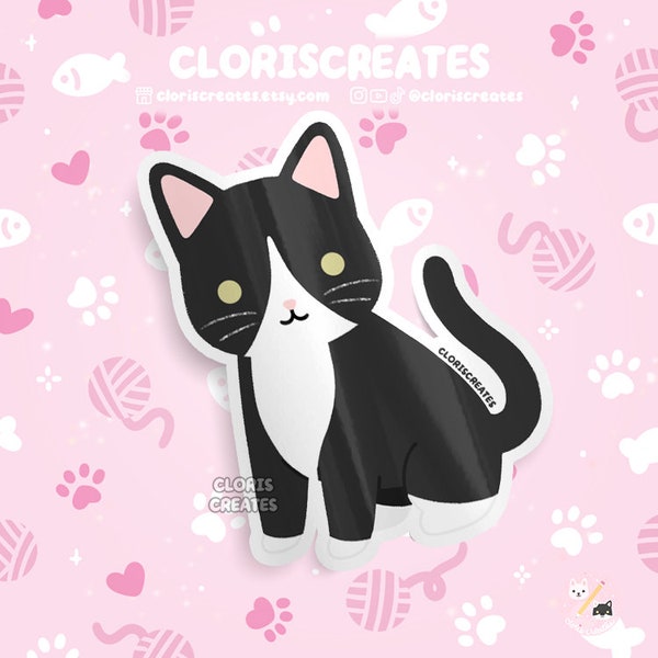 Schwarzer Tuxedo Cat Die Katze Vinyl Aufkleber | Kawaii Chibi Tier Laptop Aufkleber | Niedlicher Cartoon-Haustier-Zucht-Kätzchen-Verlust-Gedenkgeschenk