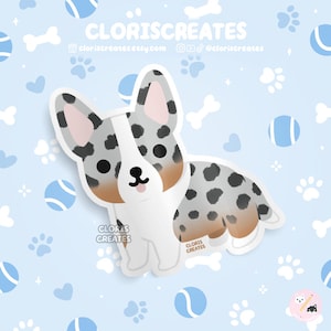 Blue Merle Tan Punkte Cardigan Corgis Hunderasse wasserdichter Vinyl Aufkleber | Kawaii Chibi Tier Aufkleber | Niedliches Cartoon-Welpen-Haustier-Verlust-Geschenk