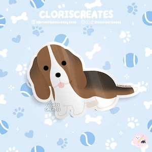 Red Tri Basset Hound Dog Breed Waterproof Vinyl Sticker | Kawaii Chibi Animal Art Laptop Decal | Cute Cartoon Puppy Pet Loss Memorial Gift