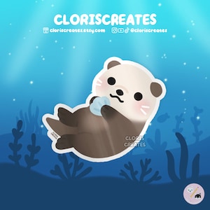 Sea Otter Waterproof Vinyl Sticker | Kawaii Chibi Art Style Marine Animal Lover Decal | Cute Cartoon Zoo Aquarium Souvenir Sea Creature Gift