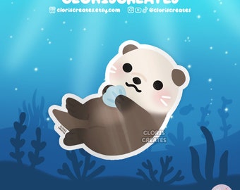 Sea Otter Waterproof Vinyl Sticker | Kawaii Chibi Art Style Marine Animal Lover Decal | Cute Cartoon Zoo Aquarium Souvenir Sea Creature Gift