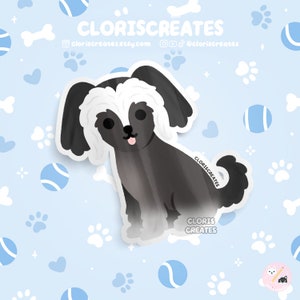 Black & White Chinese Crested Dog Breed Waterproof Vinyl Sticker | Kawaii Chibi Animal Art Decal | Cute Cartoon Puppy Pet Loss Memorial Gift