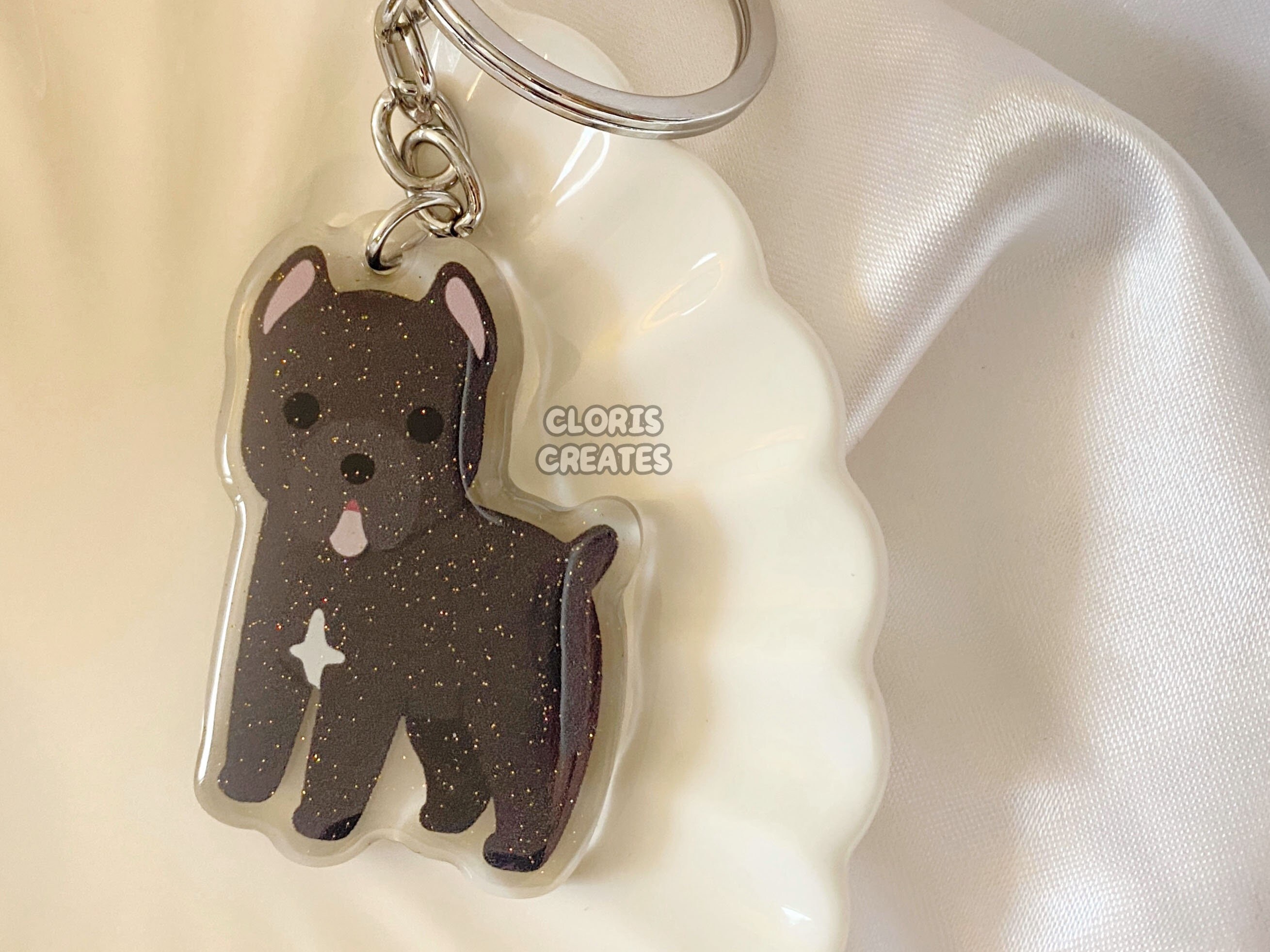 Large Leather BROWN White French Bulldog Dog Key chain Keyring Puppy  Keychain