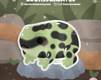 Pode incluir: Um adesivo de sapo verde e preto com contorno branco. O sapo está sentado em uma rocha cinza. O adesivo tem o texto "CLORIS CREATES".