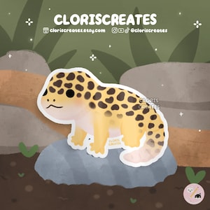 Leopard Gecko Lizard Waterproof Vinyl Sticker | Kawaii Chibi Animal Lover Art Bottle Decal | Cute Cartoon Exotic Pet Reptile Memorial Gift