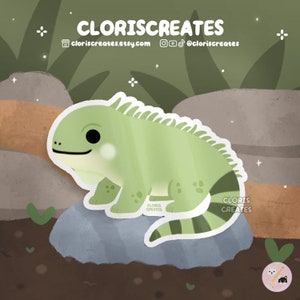 Green Iguana Lizard Waterproof Vinyl Sticker | Kawaii Chibi Animal Lover Art Bottle Decal | Cute Cartoon Exotic Pet Reptile Memorial Gift