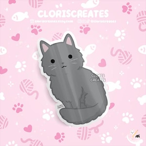 Longhaired Gray Cat Waterproof Vinyl Sticker | Kawaii Chibi Animal Laptop Decal | Cute Cartoon Pet Breed Kitten Loss Memorial Gift