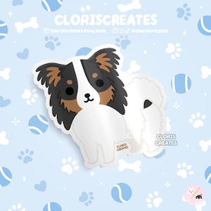 Black Tri Papillon Dog Breed Waterproof Vinyl Sticker | Kawaii Chibi Animal Art Laptop Decal | Cute Cartoon Puppy Pet Loss Memorial Gift