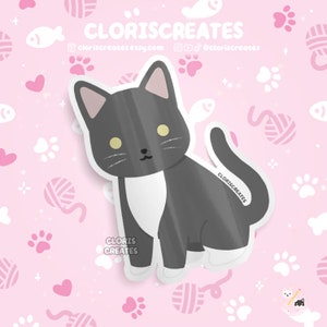 Gray Tuxedo Cat Waterproof Vinyl Sticker | Kawaii Chibi Animal Laptop Decal | Cute Cartoon Pet Breed Kitten Loss Memorial Gift