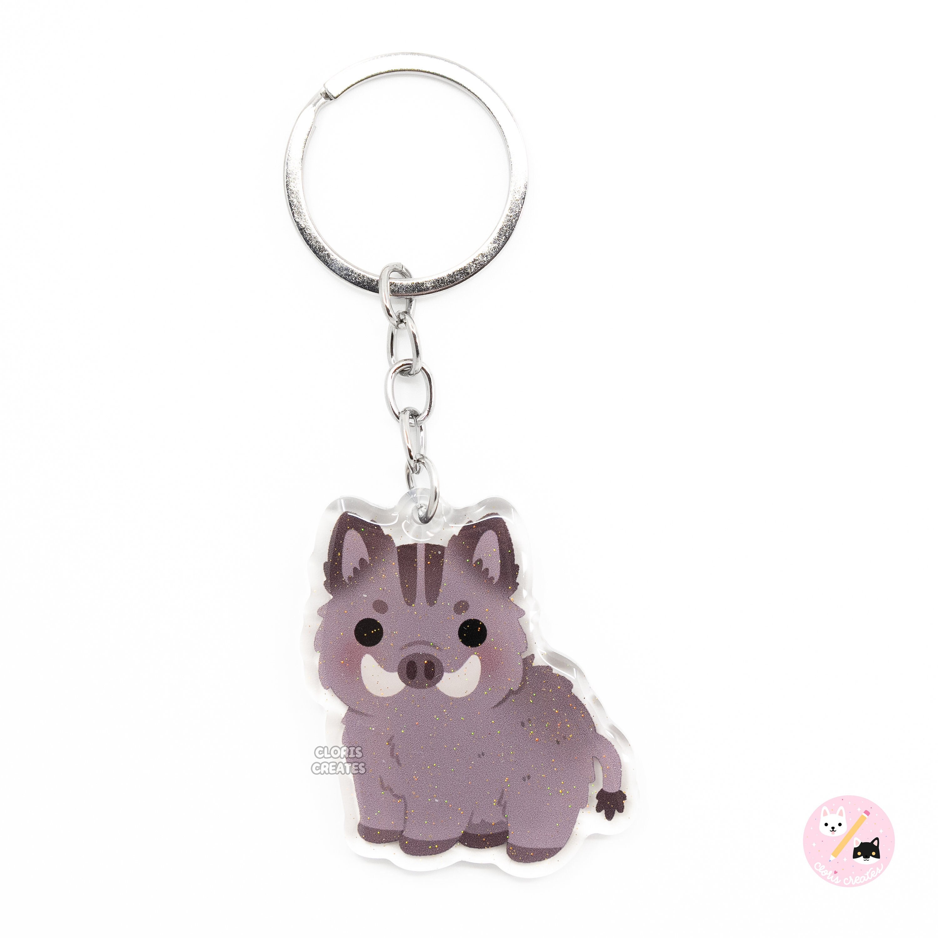 Wild Boar Wildlife Keychain | Cartoon Chibi Art Glitter Acrylic Charm | Kawaii Cute Year of the Pig Zodiac Animal Lover Gift | Zoo Souvenir